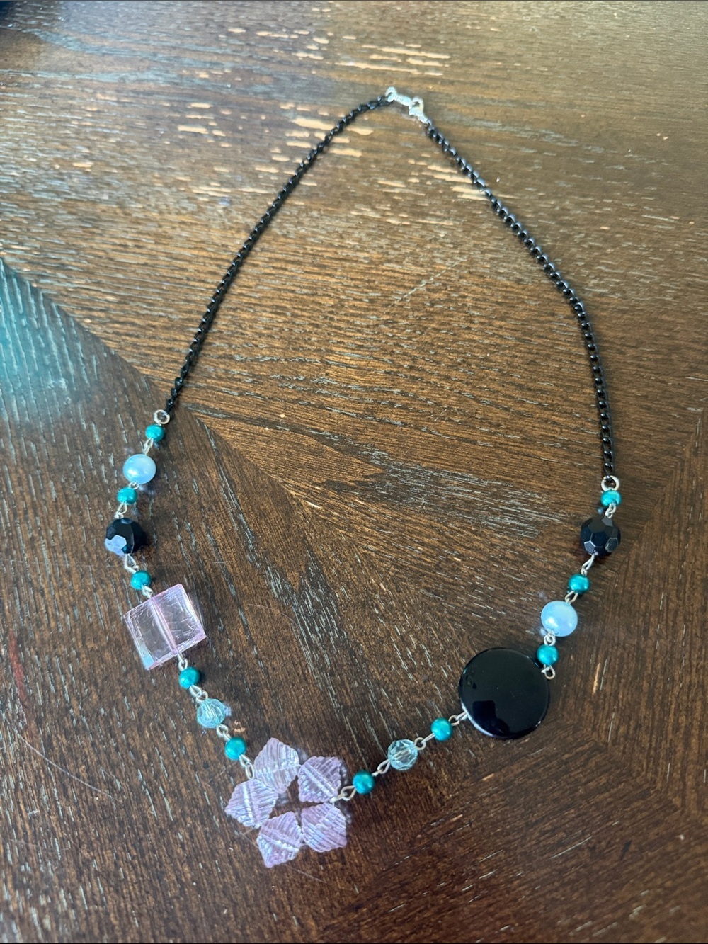 Handcrafted Black Chain Necklace with Turquoise Beads and Pink Glass Accents